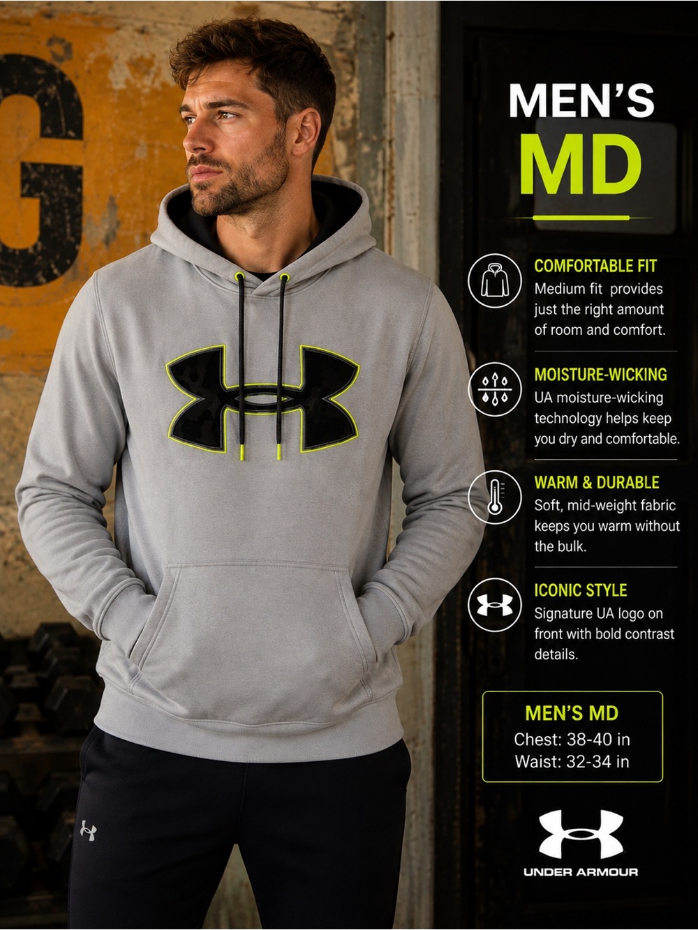 Under Armour Men's Gray Hoodie with Black and Neon Yellow Accent